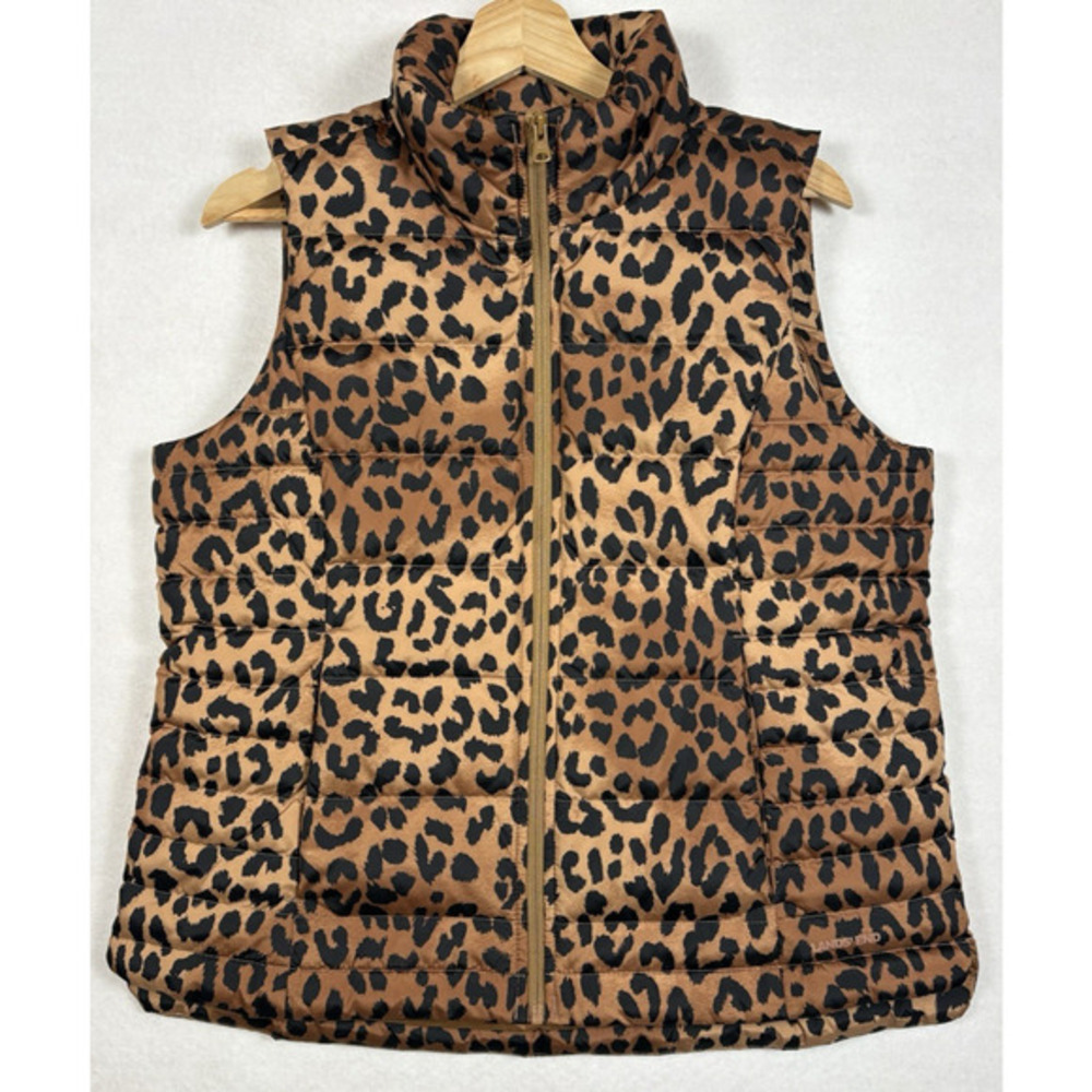 Lands End Down Quilted Puffer Vest Leopard Animal Print Womens M 10-12‎ Full Zip